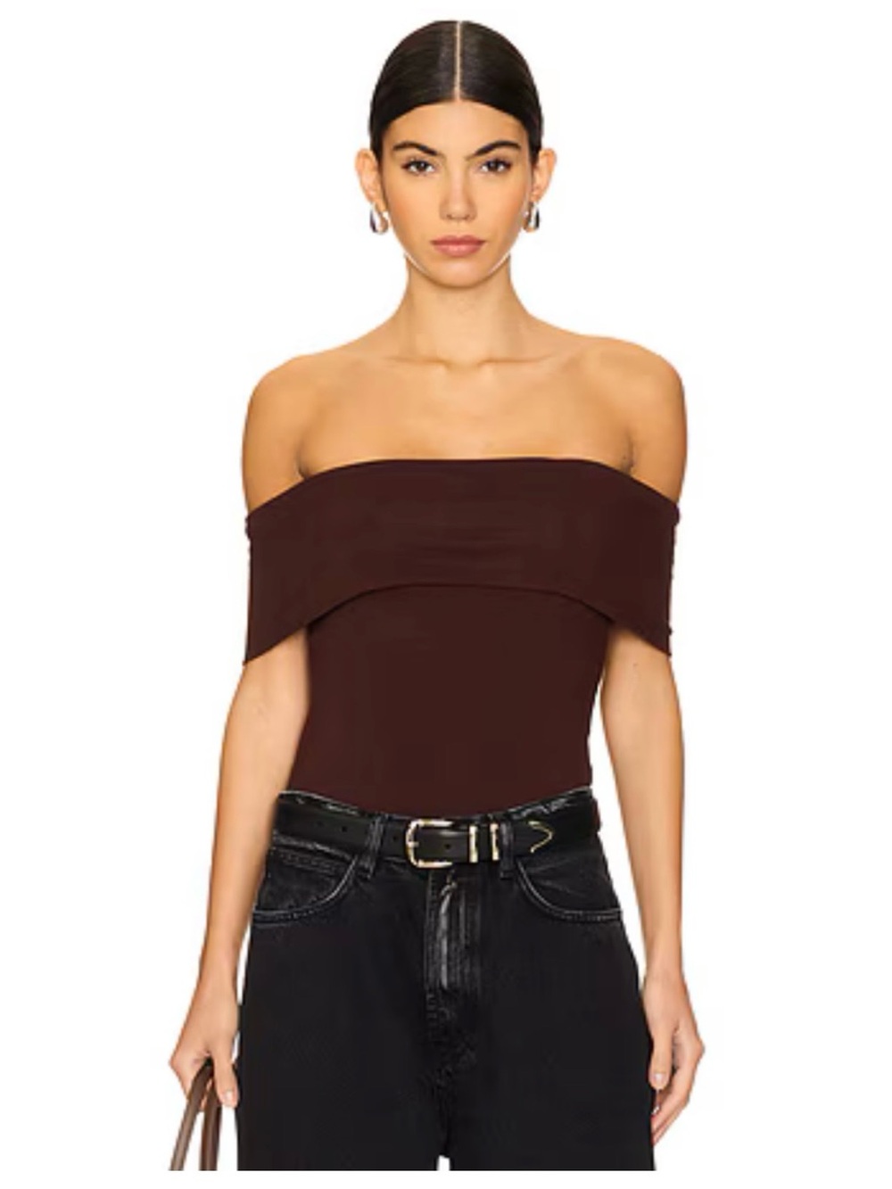 Off-Shoulder Stretch Bodysuit in Deep Brown